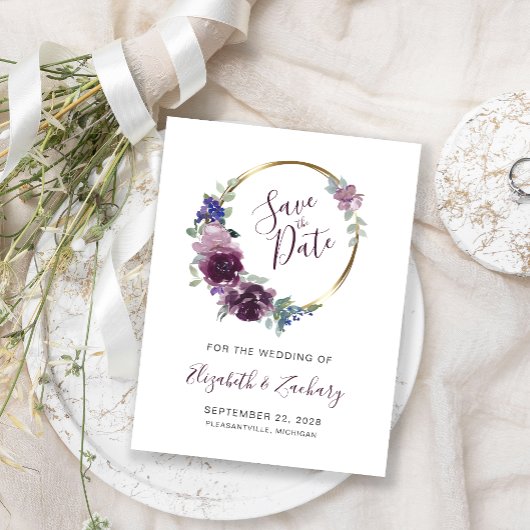 Boho Paarse Bloemen Wreath Blank Save the Date Briefkaart
