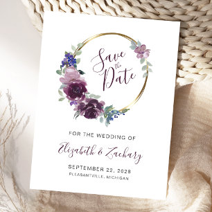 Boho Paarse Bloemenkrans Blank Save the Date Briefkaart