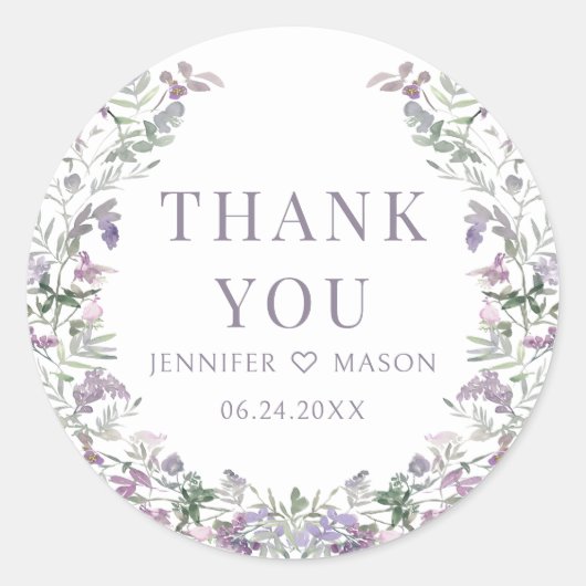 Boho paarse bloemenkrans bruiloft dank u ronde sticker (Voorkant)