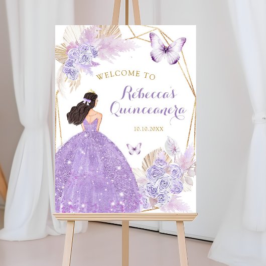 Boho Paarse Bloemenvlinder Quinceañera Welkom Poster