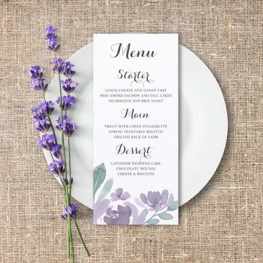 Boho Paarse Bloemige Waterverf Bruiloftsmenu Menu
