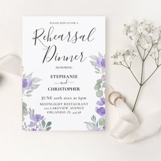 Boho Paarse Bloemrijke Oefenavond Dinner Kaart
