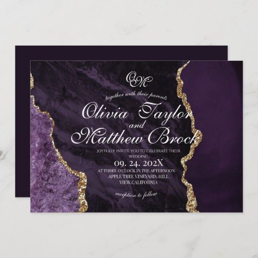 Boho Paarse bruiloft Scrip Agaat Violet en Goud Kaart (Voorkant / Achterkant)