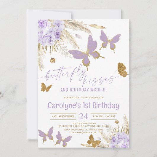 Boho Paarse Butterfly Kisses en Birthday Wishes Kaart (Voorkant)
