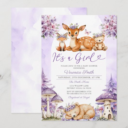 Boho Paarse Deer Woodland Girl Baby shower Floral Kaart (Voorkant / Achterkant)
