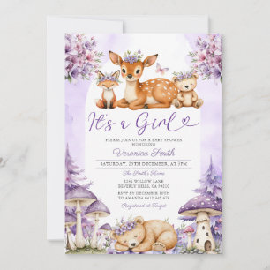 Boho Paarse Deer Woodland Girl Baby shower Floral Kaart
