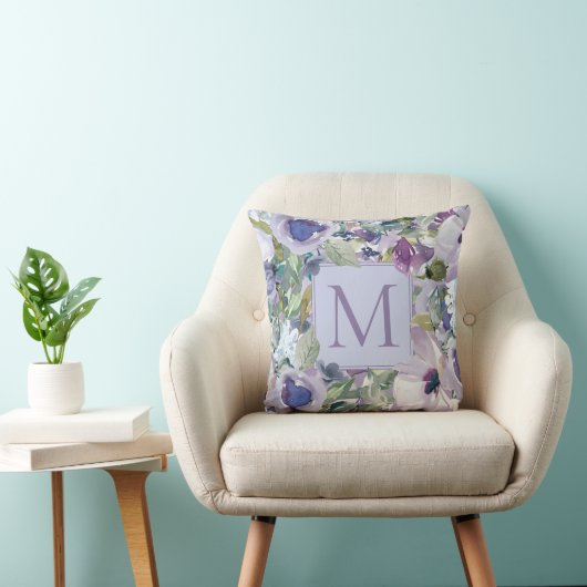 Boho Paarse Dusty Blue Waterverf Floral Monogram Kussen (Stoel)
