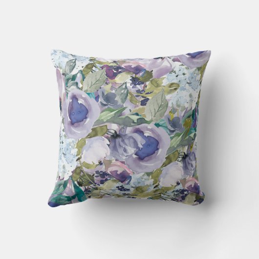 Boho Paarse Dusty Blue Waterverf Floral Monogram Kussen (Achterkant)