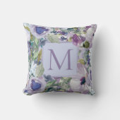 Boho Paarse Dusty Blue Waterverf Floral Monogram Kussen (Voorkant)