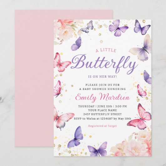 Boho Paarse Een Kleine Vlinder Meisje Baby shower Kaart (Voorkant / Achterkant)