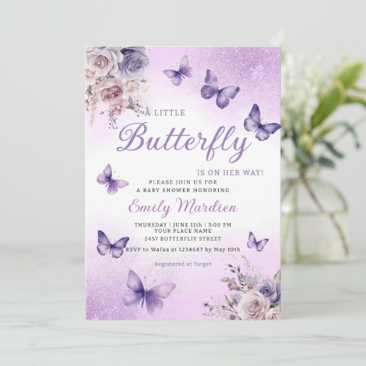 Boho Paarse Een Kleine Vlinder Meisje Baby shower Kaart (Staand voorkant)