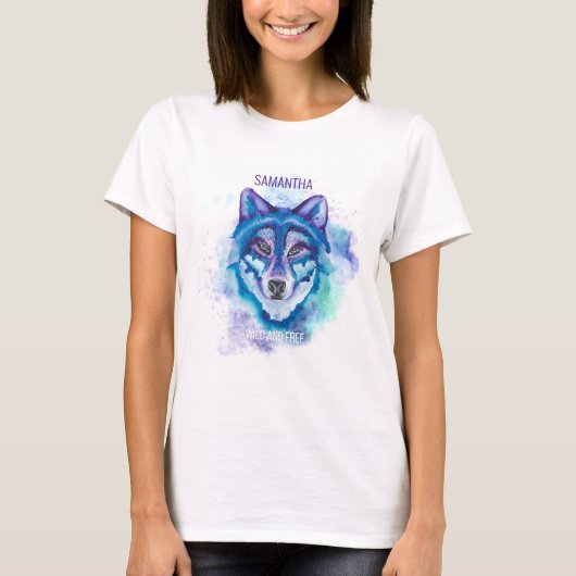 Boho Paarse en BLue Waterverf Wolf Gift voor haar T-shirt (Voorkant)