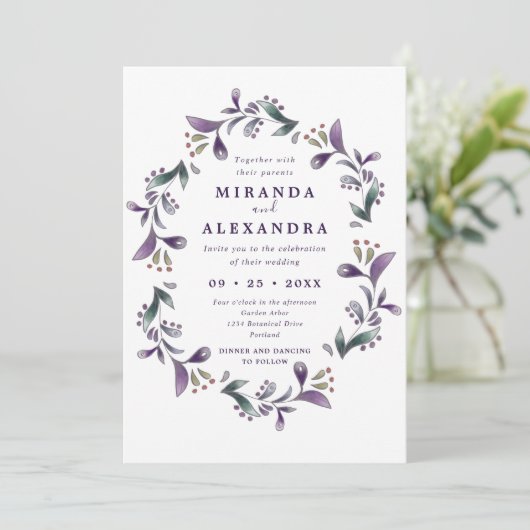 Boho paarse en groene bloemenbruiloft kaart (Staand voorkant)