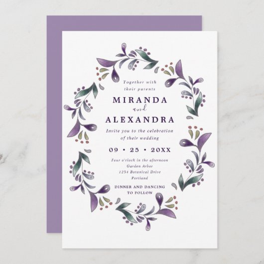 Boho paarse en groene bloemenbruiloft kaart (Voorkant / Achterkant)