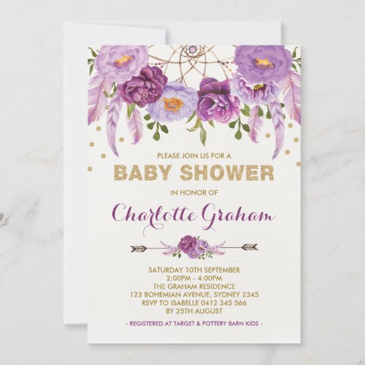 Boho Paarse Floral Dreamcatcher Baby shower Kaart (Voorkant)