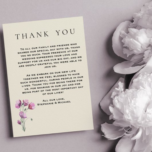 Boho Paarse Floral en Antiek papieren bruiloft Bedankkaart