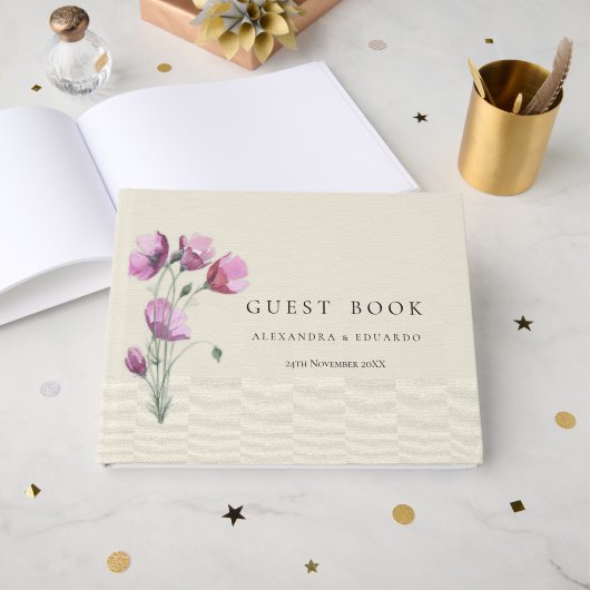 Boho Paarse Floral en Beige Wedding Gastenboek (Voorkant open)