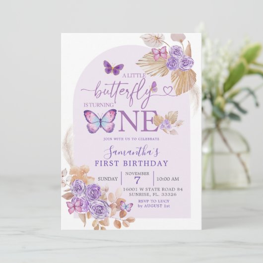 Boho Paarse Floral en Butterfly Arch Birthday Kaart (Staand voorkant)