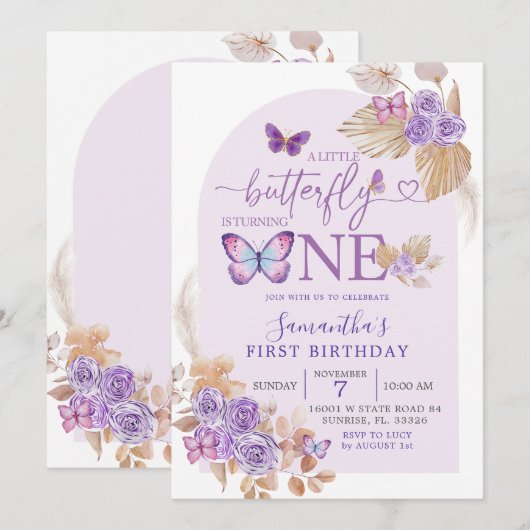 Boho Paarse Floral en Butterfly Arch Birthday Kaart (Voorkant / Achterkant)