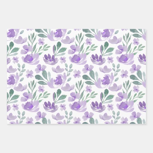 Boho Paarse Floral & Foliage Waterverf Patroon Inpakpapier Vel (Voorkant)