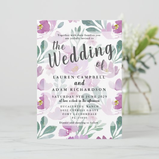 Boho Paarse Floral Wedding Invitation Kaart (Staand voorkant)