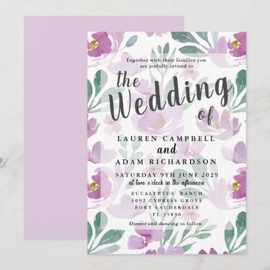 Boho Paarse Floral Wedding Invitation Kaart (Voorkant / Achterkant)