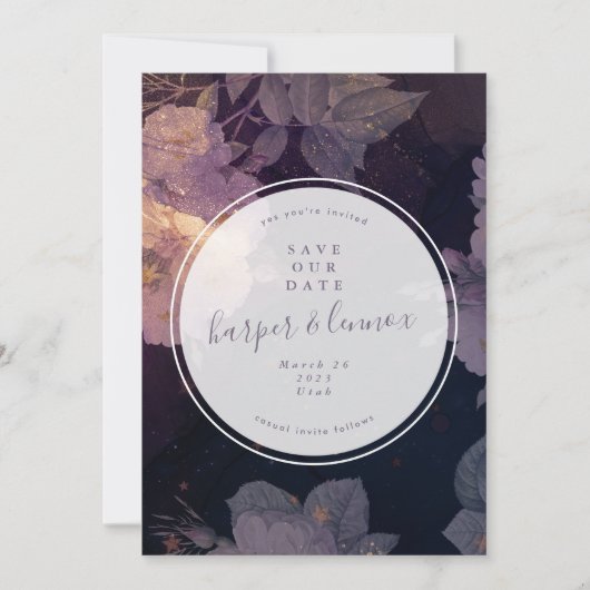 Boho Paarse Floral Winter Circle Foto Save The Date (Voorkant)