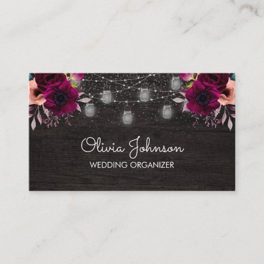 Boho Paarse Flower String Licht Zwart Houten Visitekaartje (Voorkant)
