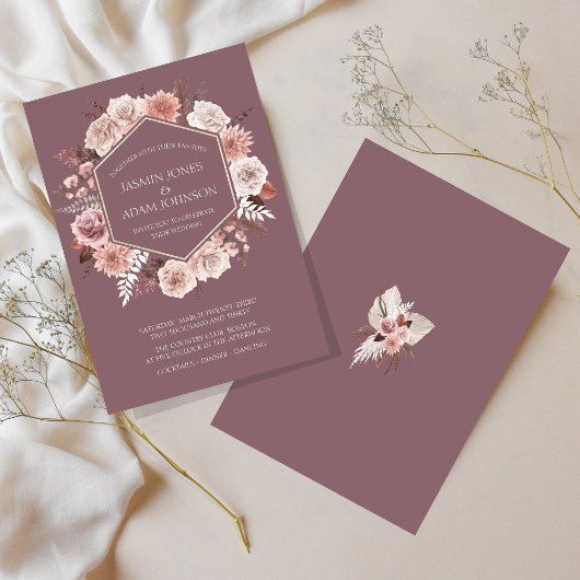Boho Paarse Gedroogde Bloemenkrans Bruiloft Kaart