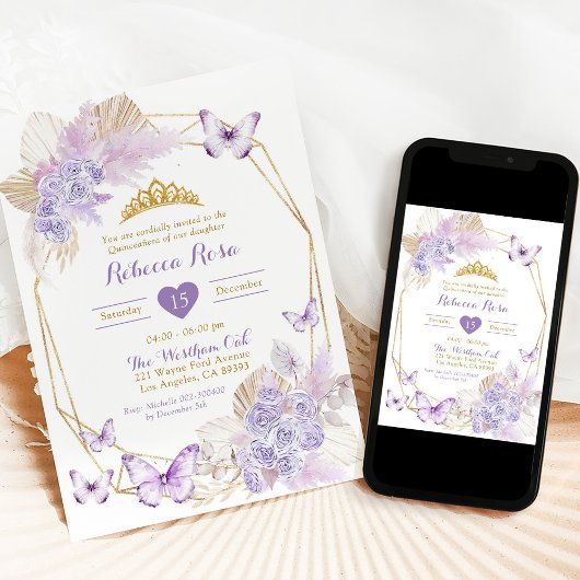 Boho Paarse geometrische vlinder Quinceañera Kaart