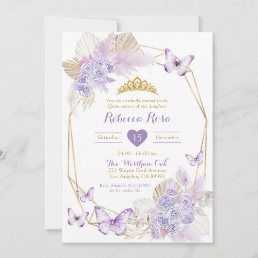 Boho Paarse geometrische vlinder Quinceañera Kaart (Voorkant)