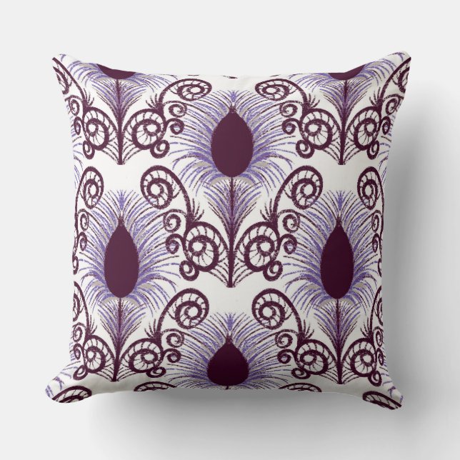 Boho Paarse Jewel Tone Peacock Feather Kussen (Voorkant)