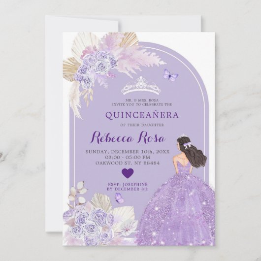 Boho Paarse Jurk Prinses Floral Quinceañera Kaart (Voorkant)