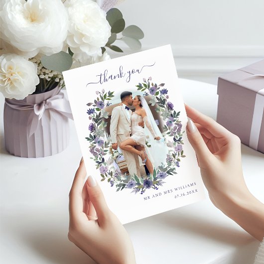 Boho Paarse Lavendel Bloemenkrans Trouwfoto Bedankkaart
