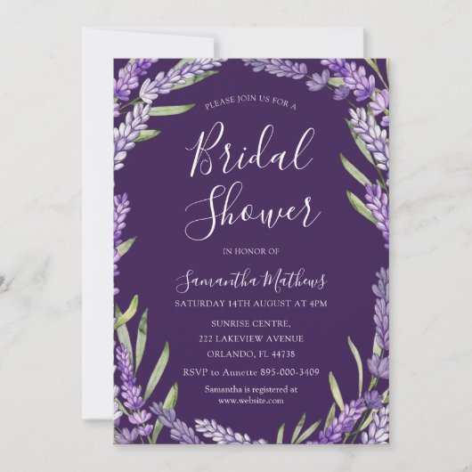 Boho Paarse Lavendel Waterverf Bruidsdouche Kaart (Voorkant)