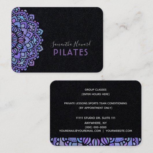 Boho Paarse Mandala Pilates Black Visitekaartje (Voorkant / Achterkant)