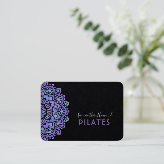 Boho Paarse Mandala Pilates Black Visitekaartje (Staand voorkant)