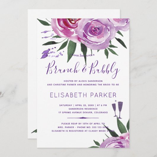 Boho paarse mauve chique pioenen brunch en bubbel kaart (Voorkant / Achterkant)