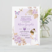 Boho Paarse Meisje Eerste Heilige Communie Vlinder Kaart (Staand voorkant)