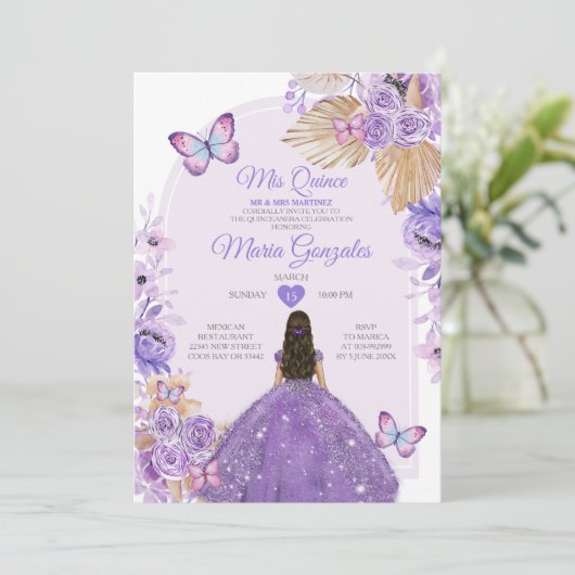 Boho Paarse Mis Quince Lavendel 15 Anos Kroon Kaart (Staand voorkant)