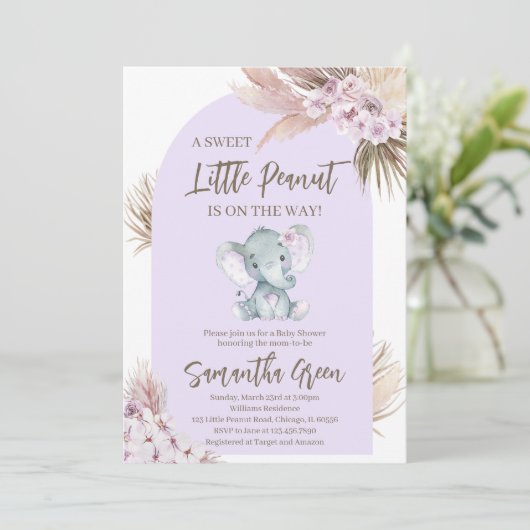 Boho Paarse Olifant Baby Shower Uitnodiging (Staand voorkant)