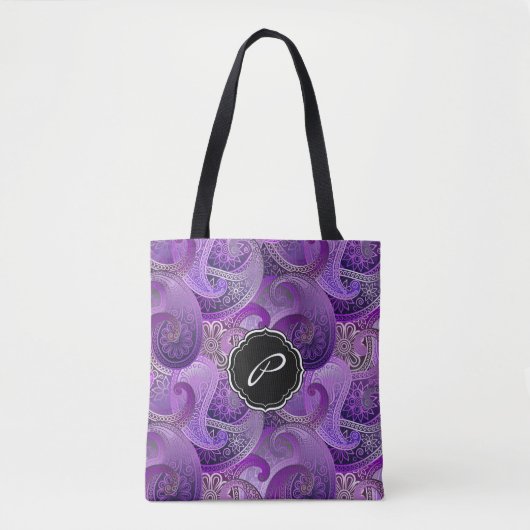 Boho Paarse Paisley Patroon met Monogram Tote Bag (Voorkant)