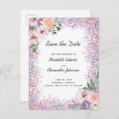 Boho Paarse Peach Floral Glitter Save the Date Ann Aankondigingskaart (Voorkant / Achterkant)