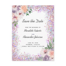 Boho Paarse Peach Floral Glitter Save the Date Ann