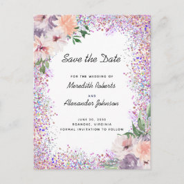 Boho Paarse Peach Floral Glitter Save the Date Ann Aankondigingskaart