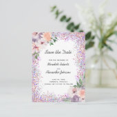Boho Paarse Peach Floral Glitter Save the Date Ann Aankondigingskaart (Staand voorkant)