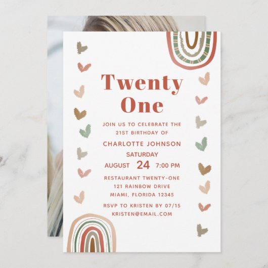 Boho Paarse Rainbow Modern 21st Birthday Party Kaart (Voorkant / Achterkant)