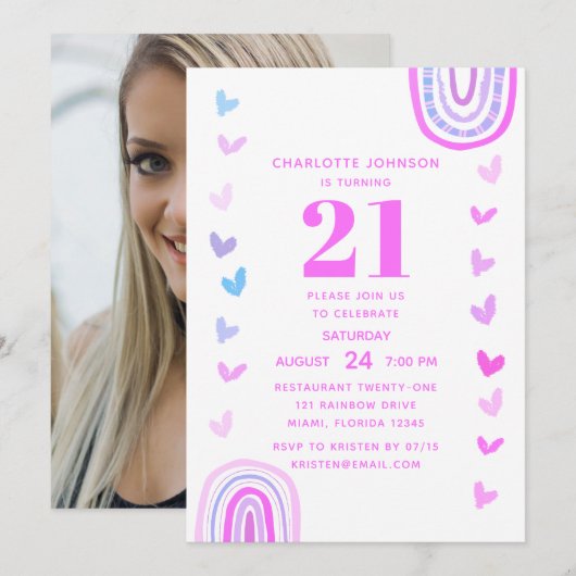 Boho Paarse Rainbow Modern 21st Birthday Party Kaart (Voorkant / Achterkant)