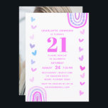 Boho Paarse Rainbow Modern 21st Birthday Party Kaart<br><div class="desc">Boho Paarse Rainbow Modern 21st Birthday Party Invitations biedt je moderne 21e verjaardag uitnodigingen aan in een paarse boho regenboog en hartslag lijst en je favoriete foto aan de achterkant. Ideaal om familie en vrienden uit te nodigen voor je viering. Eenvoudige DIY (Doe het zelf) door de tekst in de...</div>