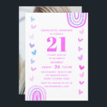 Boho Paarse Rainbow Modern 21st Birthday Party Kaart<br><div class="desc">Boho Paarse Rainbow Modern 21st Birthday Party Invitations biedt je moderne 21e verjaardag uitnodigingen aan in een paarse boho regenboog en hartslag lijst en je favoriete foto aan de achterkant. Ideaal om familie en vrienden uit te nodigen voor je viering. Eenvoudige DIY (Doe het zelf) door de tekst in de...</div>